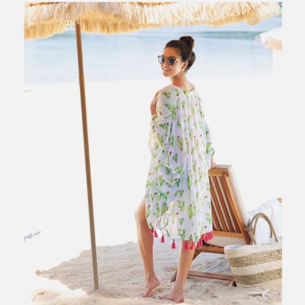Mud Pie Caitlin Tassel Kimono Cactus Lime Green Pink Beach Cover Up - Picture 2 of 9